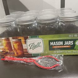 Ball Wide Mouth Clear Glass Canning Quart 32 Oz Mason Jars with Lids, 12 Pack