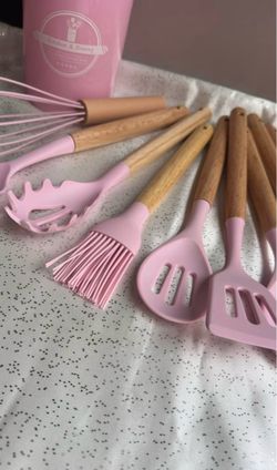 11Pcs Silicone Cooking Utensil Set With Wooden Handle & Holder - New
