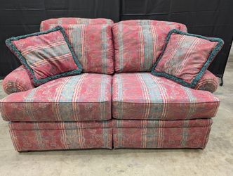 Traditional Burgundy and Green Striped Upholstered Sofa with Accent Pillows