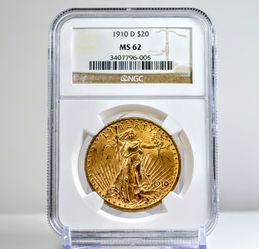 1910-D $20 Saint-Gaudens Double Eagle gold coin NGC MS62 (first time buyer deal only)- cash local pickup at angleton only