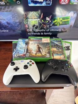 Xbox One X 1TB + 4K Blu-ray Player + 2 Controllers + 5 Games – $225
