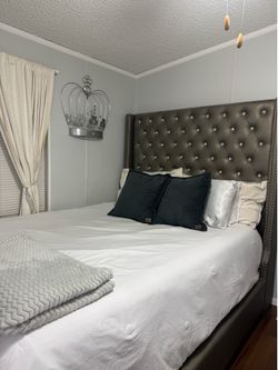 Beautiful Grey Rhinestone Diamond Queen Size Bedroom Set Bedframe  Wardrobe Closet Chest Dresser Box Spring and mattress