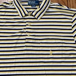 🌝Yellow Striped PONY Mens LARGE Ralph Lauren POLO Short Sleeve Collared Vintage Golf Dress Shirt