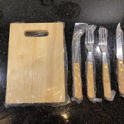 5-pc Flatware Set Wooden Cutting Board, Stainless Cheese Knife, Knife & 2 Forks