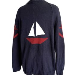 Makis Tselios Imported Mens XL Navy Blue Knit LS FullZip Sailboat Anchor Sweater