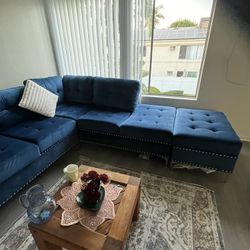 Blue Velvet Sectional Sofa – Like New