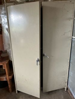 Beige metal storage cabinet