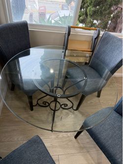 Heavy Round Glass Dining Table – Black Metal Base… CHAIRS INCLUDED