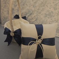 Ivory/Navy Blue Satin Ring Bearer Pillow and Flower Girl Basket Set