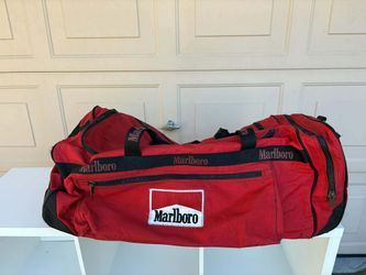 Vintage 90s Marlboro Duffle Bag 30x16x12 Crimson Red Nylon Canvas Rolling Bag