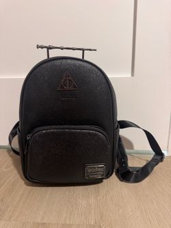 Loungefly Harry Potter Deathly Hallows Black Glitter Mini Backpack Wand Handle