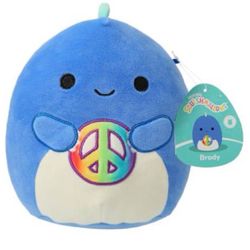Adorable blue plush. Features a colorful peace sign on the belly. Squish mellow Soft and cuddly. Perfect for Kids.