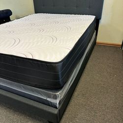 New Queen Size Charcoal Linen Bed With Mattress And Box Spring Including Same Day Delivery