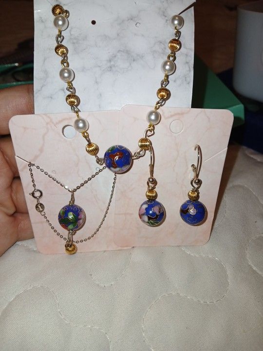 Handmade Set 925 Silver Vtg S925 Beads French Cloisone Beads Dangle Leverback Earings S925