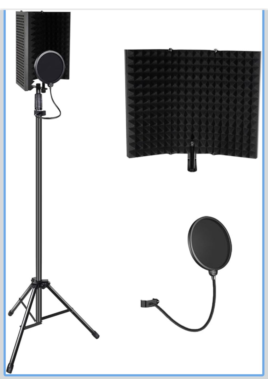 Recording Microphone Stand isolation shield with Heavy Tripod stand, Professional Recording Studio Podcast Equipment Kit with Pop Filter & 3/8 to 5/8