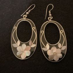 Large Vintage Sterling Silver 925 Alpaca Mexico Dangling Earrings With Mother Pearl