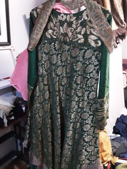 Green and Gold Embroidered Anarkali Dress L