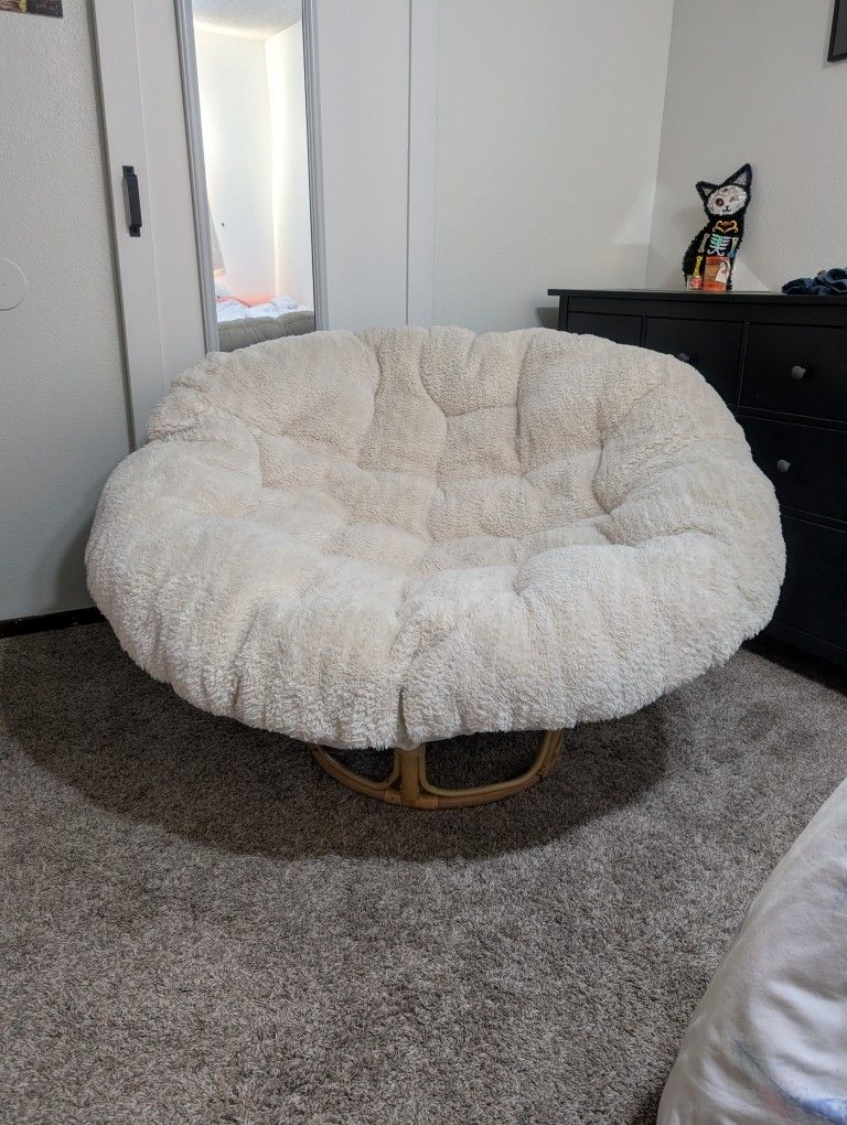 Rattan Papasan Chair With Ivory Faux Fur Cushion - World Market - 58" Diameter Round Bowl Chair