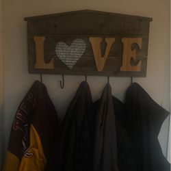 Love Wooden With Tin Heart Coat Or Key Hanger 