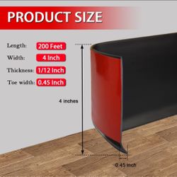 Vinyl Wall Base Baseboard Molding Trim 4" Flexible Self Adhesive Rubber Wall Base Moulding Trim Peel and Stick Design, 4 Inch x 200 Feet, Black