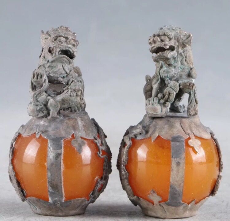 Pair Silver Handmade Lion-Dragon (2) Statues
