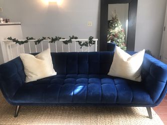Elegant Blue Soft Velvet Mid-century Style Sofa. 