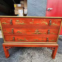 Vintage Red Lacquer Asian Chest w/ Gold-Tone Hand-Painted Detail & Solid Brass/Copper Hardware 