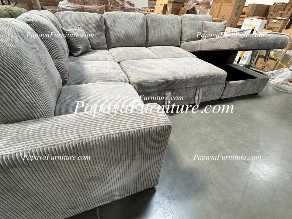 NEW! LARGE U Shape Sectional Sofa with STORAGE CHAISE and Pullout Sleeper Bed Convertible Pull out Light Grey Couch Under Seat SofaBed Convertible Bed