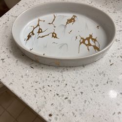 New Ceramic (Marble Design) White/Gold Bathroom Soap Plate