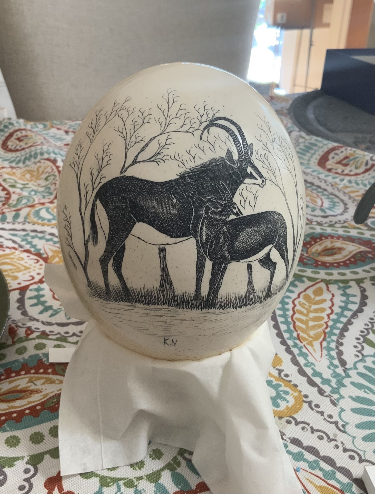 Vintage Scrimshaw ostrich egg signed by artist
