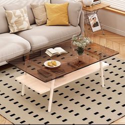 Rectangle Coffee Table, Tempered Glass Tabletop with White Metal Legs, D-3