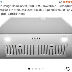30 Inch Range Hood Insert, 600 CFM Convertible Ducted/Ductless Kitchen Hood in Stainless Steel Finish, 3-Speed Exhaust Fan with LED Lights, Baffle Fil