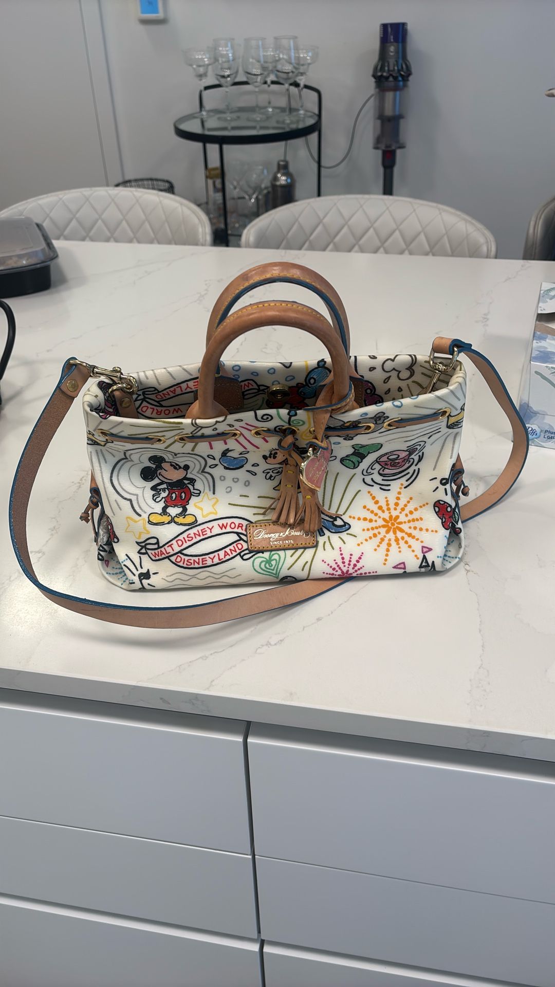 Tote bag with leather handles & trim • Pattern: Walt Disney World /