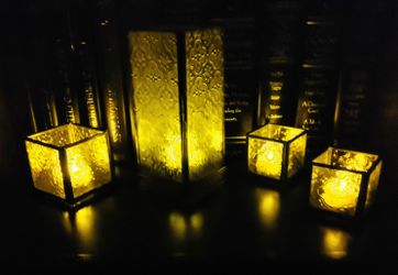 Set of 4: Glass & Metal Candle Holders w/Beautiful Designs pressed into the glass (includes 4 battery operated tea lights)