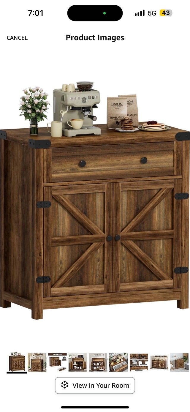 Coffee Bar Accent Cabinet, Farmhouse Barn Door Buffet Sideboard with Drawer and Adjustable Shelf, Wide Desktop for Kitchen, Dining Room, Bathroom, Ent