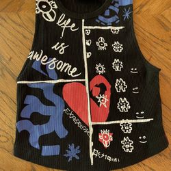 Like New Women’s Black with Red, White, and Blue Desigual Tank Top - Medium And 