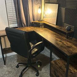 L Desk and Black Leather Chair