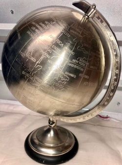 Silver Metallic World Globe Stand Home Goods Accents Decor Office Engraved Travel Agency Map