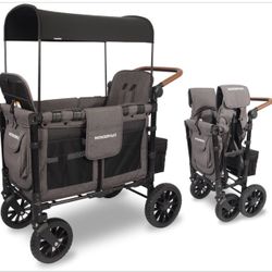 WONDERFOLD W2 Luxe Double Stroller Wagon (2 Seater) - Collapsible Wagon Stroller with Seats with Magnetic Buckle 5-Point Harnesses and Adjustable Sun 