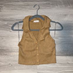 Used Womens Brown Halter Polo Tank Ribbed Button Up