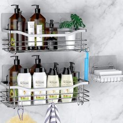 Shower Caddy Basket Soap Dish Holder Shelf with 5 Hooks Bathroom Organiz