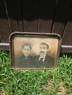 Antique convex bubble glass frame with drawn portrait