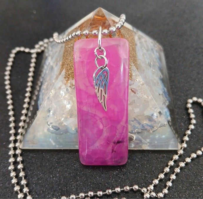 Pink Dragon Vein Agate Bar Angel Wing Pendant On Silver Necklace New Handmade