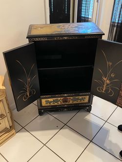 Black Lacquer Asian Cabinet with Gold Painted Design