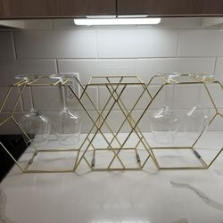 Gold Geometric Wine Glass and Wine Bottle Holder Set (Must Sell Fast!) 