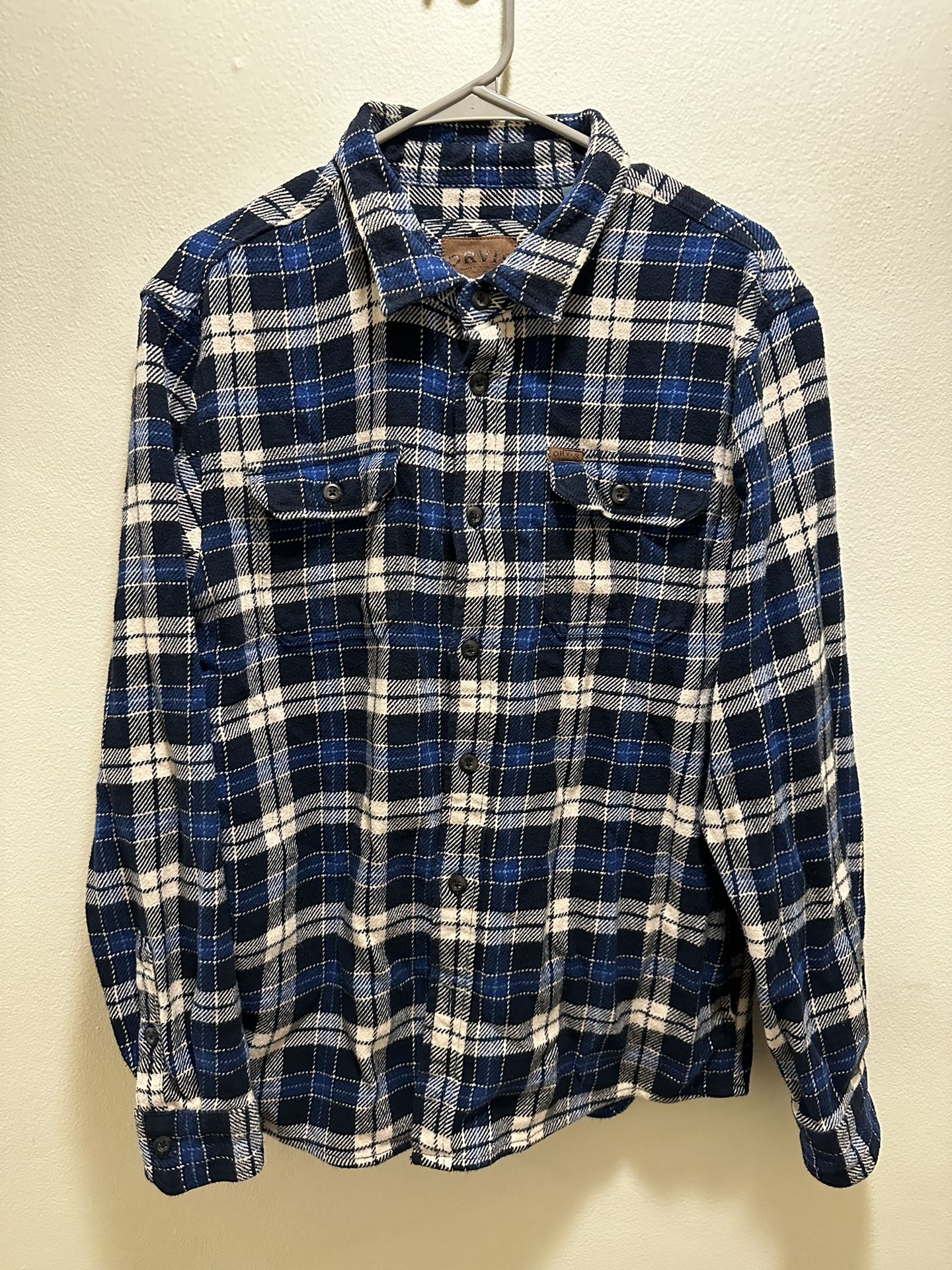Orvis Men's Heavy Flannel Shirt Jacket Blue Plaid Size Large