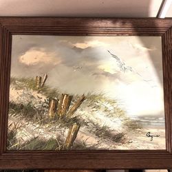 Mid-century modern Vintage Painting On Canvas, Wood Frame Signed By Ray Wood 15x19