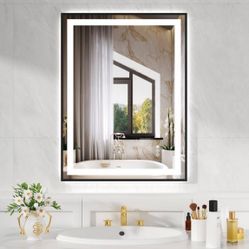 28 in. W x 36 in. H Rectangular Framed LED Anti-Fog Wall Bathroom Vanity Mirror, Tempered Glass, Backlit & Front Light $80