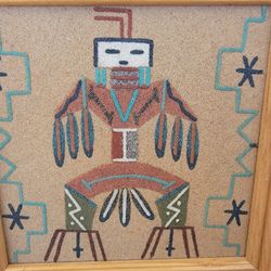 Navajo Sand painting Mini 7 1/4" x 7.1/4" Sand Painting signed on back big thunder 