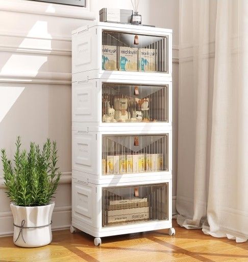 4 Tier Storage Bins with Lids, 23QT Stackable Closet Organizers and Storage with Wheels, Collapsible Storage Boxes